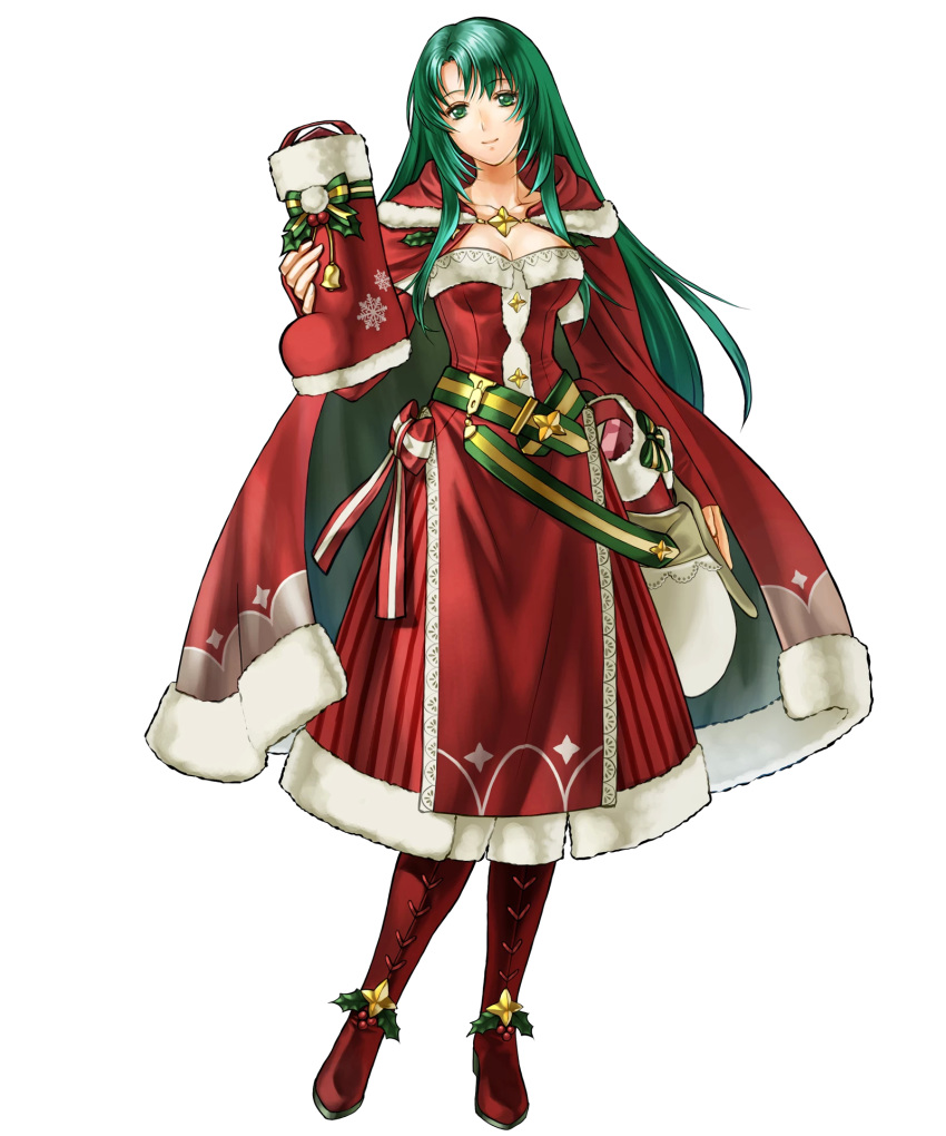 1girl bag bangs belt boots breasts cape cecilia_(fire_emblem) cleavage closed_mouth collarbone dress elbow_gloves eyebrows_visible_through_hair fire_emblem fire_emblem:_fuuin_no_tsurugi fire_emblem_heroes full_body fur_trim gloves green_eyes green_hair highres holding kita_senri long_hair looking_at_viewer medium_breasts nintendo official_art red_dress red_footwear ribbon shiny shiny_hair smile solo standing strapless strapless_dress transparent_background