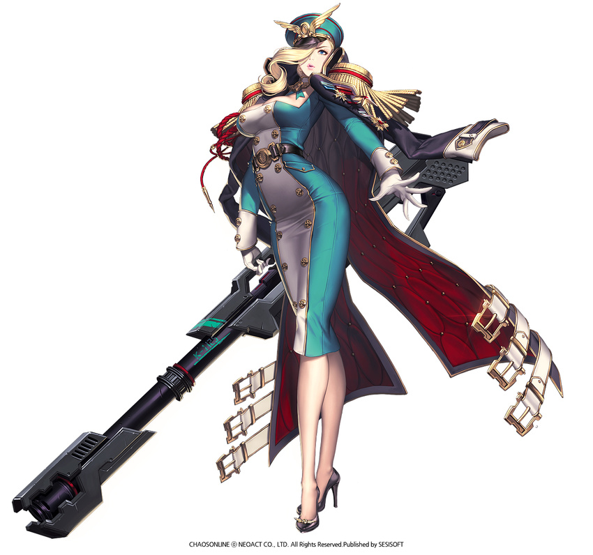 agnes_(chaos_online) blonde_hair blue_eyes breasts chaos_online cleavage company_name copyright_name crossed_legs dress full_body gloves gun hat high_heels highres large_breasts long_hair love_cacao military military_uniform no_socks official_art one_eye_covered simple_background solo standing uniform watson_cross weapon white_background white_gloves