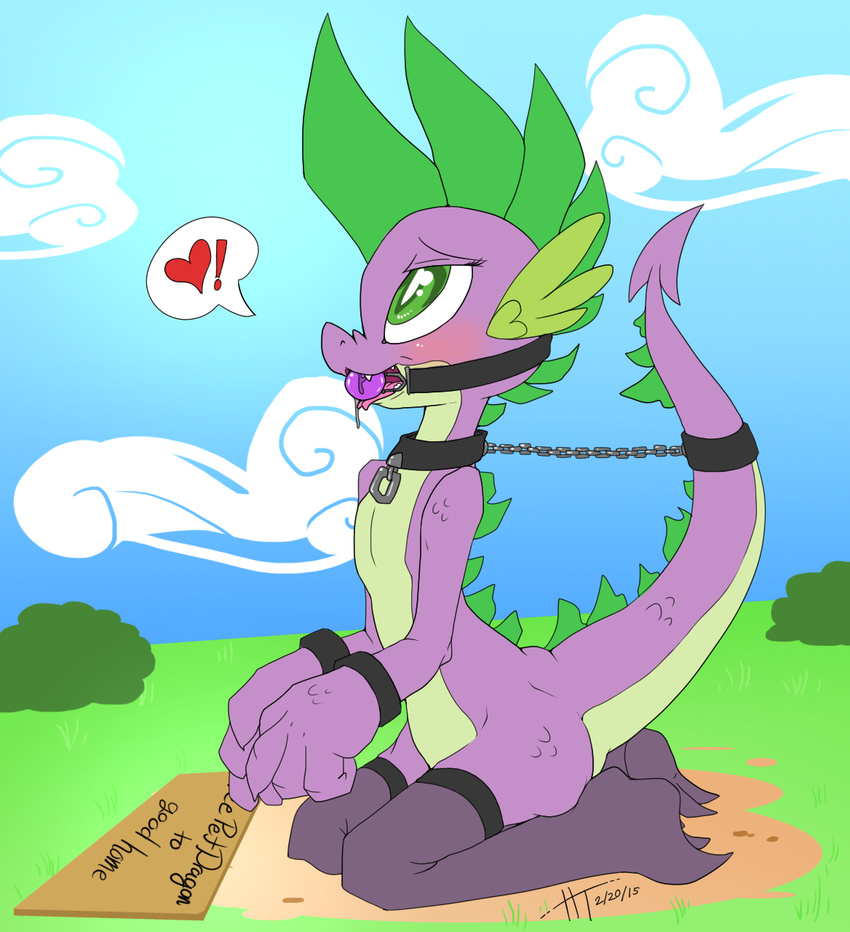 ! &lt;3 anthro ball_gag bdsm blush bondage bound cloud collar dragon english_text fangs friendship_is_magic gag half-closed_eyes hellticket kneeling legwear male my_little_pony nude open_mouth outside saliva scales scalie solo spike_(mlp) teeth text thigh_highs tongue tongue_out
