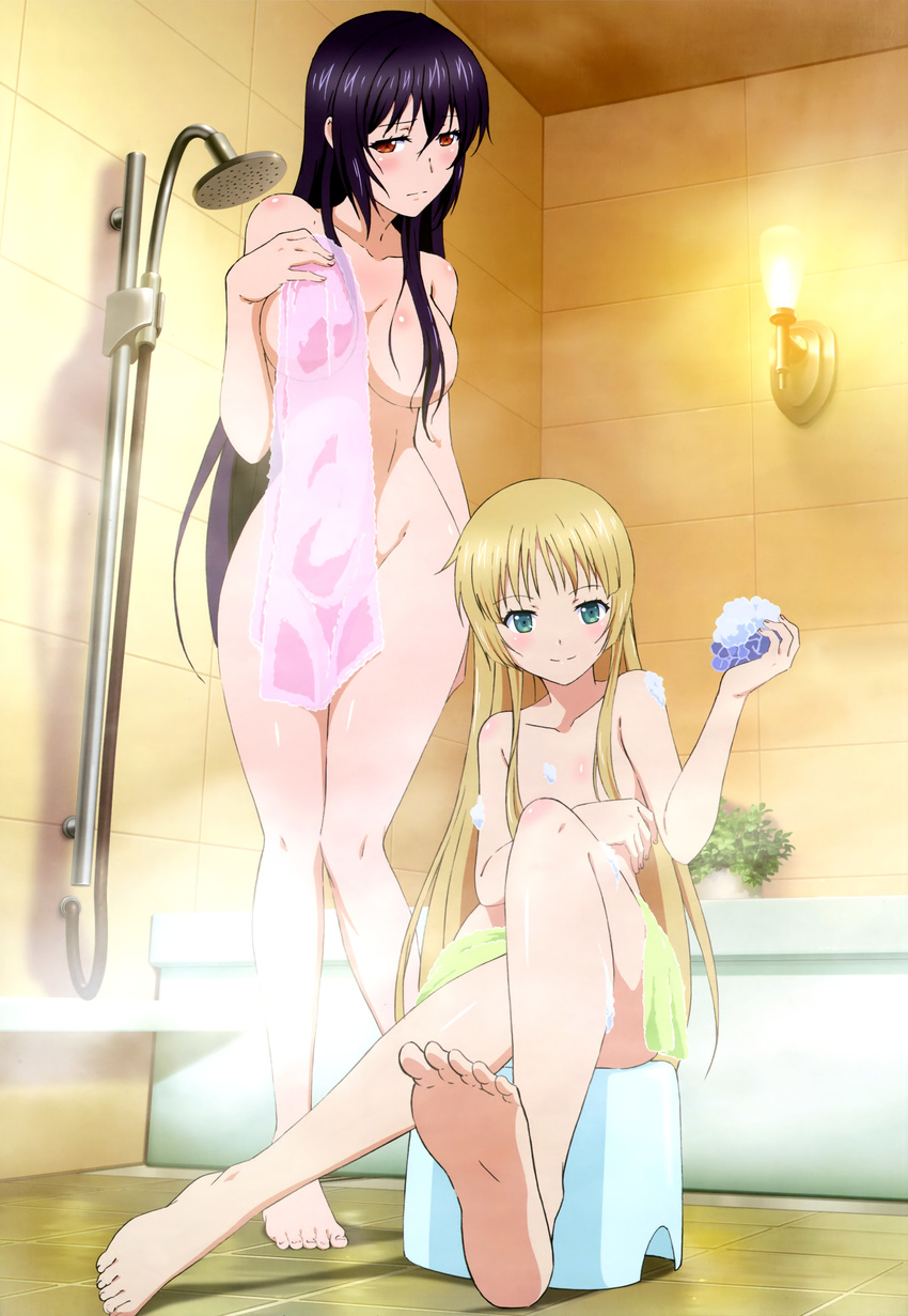 absurdres barefoot bath_stool bathroom black_hair blonde_hair blush breasts cleavage convenient_arm convenient_censoring feet flat_chest green_eyes green_towel hair_censor hair_over_breasts hair_over_one_breast highres isuca legs long_hair medium_breasts multiple_girls non-web_source nude nyantype official_art pink_towel red_eyes scan shimazu_sakuya shimazu_suseri sitting smile soles stool toes towel towel_on_legs very_long_hair washing