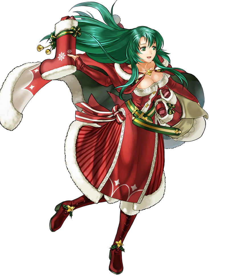 1girl bag bangs belt boots breasts cape cecilia_(fire_emblem) cleavage collarbone dress elbow_gloves eyebrows_visible_through_hair fire_emblem fire_emblem:_fuuin_no_tsurugi fire_emblem_heroes full_body fur_trim gloves green_eyes green_hair highres holding kita_senri knee_boots long_hair looking_at_viewer looking_away medium_breasts nintendo official_art open_mouth pom_pom_(clothes) red_dress red_footwear ribbon shiny shiny_hair smile solo strapless strapless_dress transparent_background