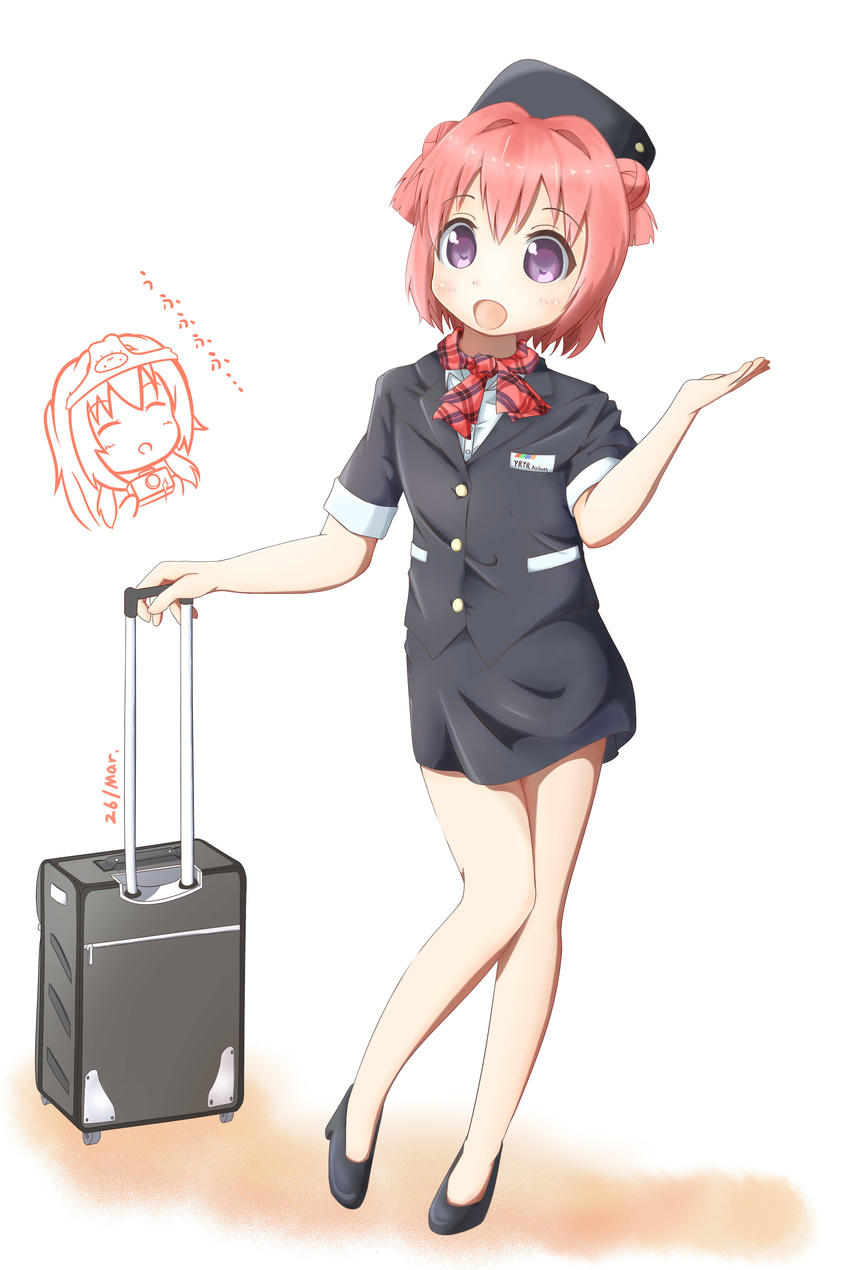 :d absurdres akaza_akane akaza_akari buttons camera closed_eyes dated double_bun fire_(pixiv) hair_bun hair_intakes hat highres knees_together_feet_apart looking_at_viewer luggage multiple_girls no_legwear object_on_head open_mouth panties panties_on_head print_panties purple_eyes red_hair scarf shoes siblings sisters smile stewardess underwear uniform yuru_yuri