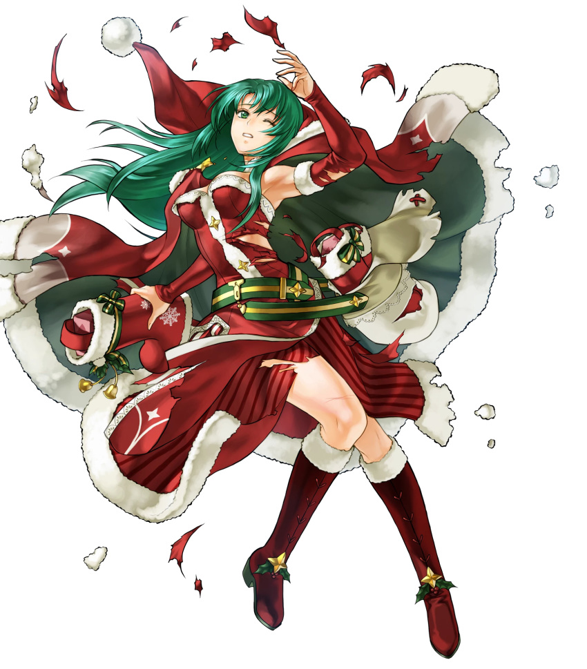 1girl armpits bag bangs bare_shoulders belt boots breasts cape cecilia_(fire_emblem) dress eyebrows_visible_through_hair fire_emblem fire_emblem:_fuuin_no_tsurugi fire_emblem_heroes full_body fur_trim green_eyes green_hair highres holding kita_senri knee_boots long_hair medium_breasts nintendo official_art one_eye_closed parted_lips pom_pom_(clothes) red_dress red_footwear scar shiny shiny_hair solo strapless strapless_dress torn_clothes transparent_background