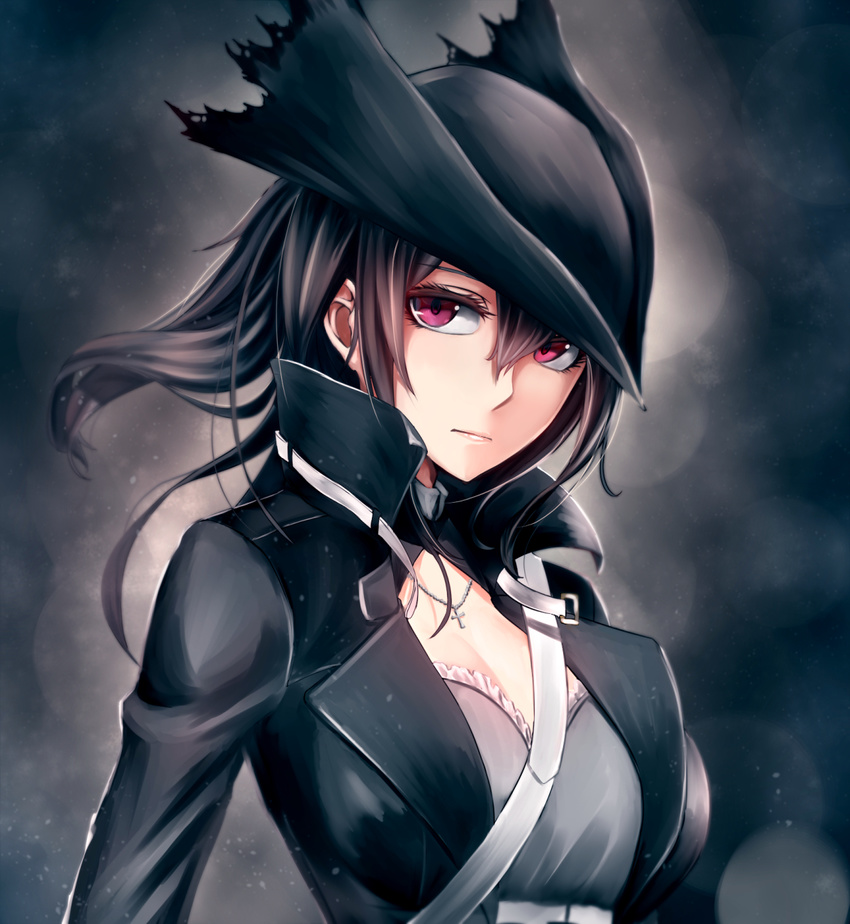bad_id bad_pixiv_id black_hair bloodborne breasts cleavage commentary cross hat highres hunter_(bloodborne) jewelry long_hair long_sleeves looking_away medium_breasts necklace pink_eyes popped_collar shijiu_(adamhutt) solo tricorne upper_body