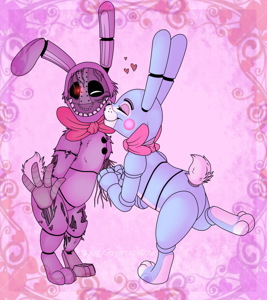 &lt;3 2015 animatronic anthro blue_body bonnie_(fnaf) bow bow_tie buckteeth chibi couple cute duo eyelashes eyes_closed faceless_male five_nights_at_freddy's five_nights_at_freddy's_2 fur girly happy jayfiregrowlithe lagomorph long_ears love machine male male/male mammal mechanical nuzzling one_eye_closed purple_fur rabbit red_eyes robot rosy_cheeks signature smile teeth toy_bonnie_(fnaf) video_games watermark wires