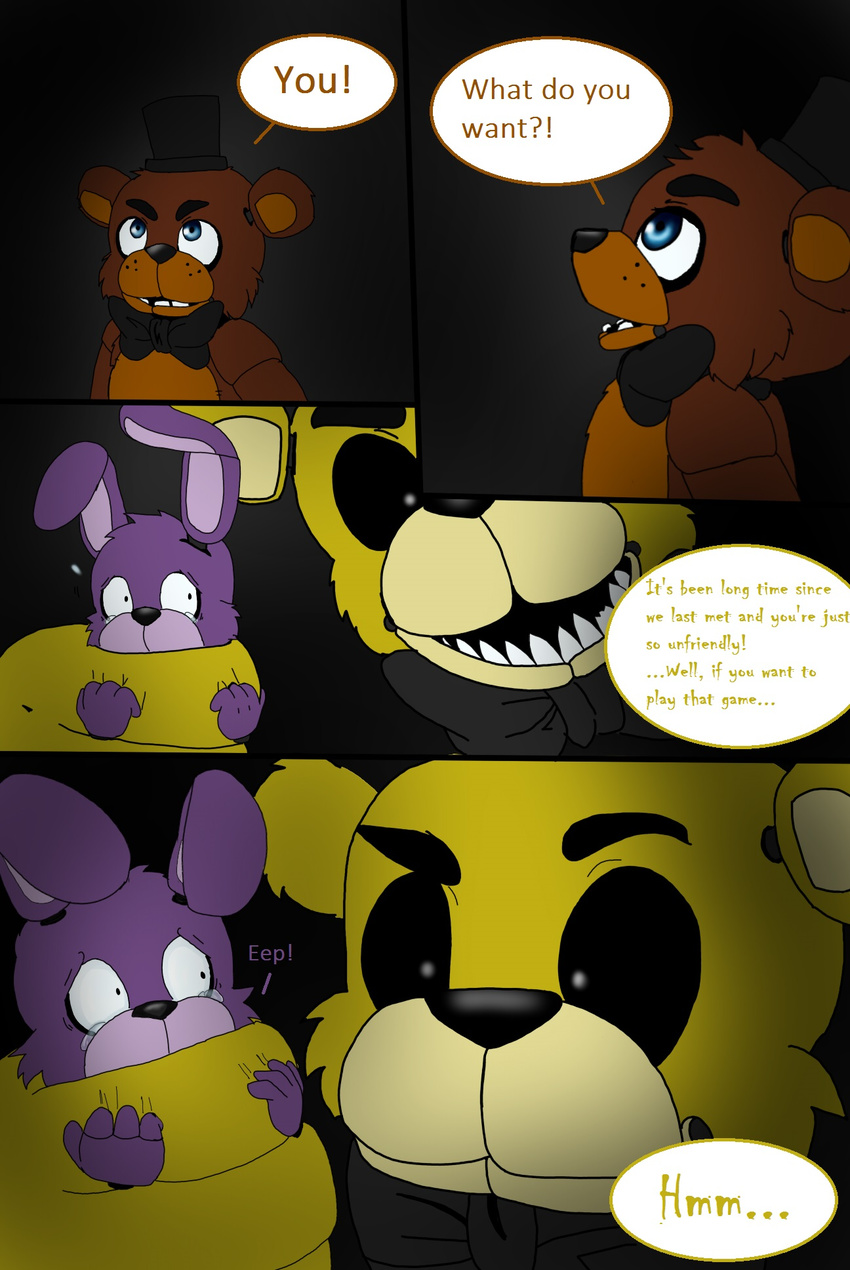 00kaori00 animatronic bear bonnie_(fnaf) bow_tie comic five_nights_at_freddy's freddy_(fnaf) golden_freddy_(fnaf) hat lagomorph machine male mammal mechanical rabbit robot top_hat