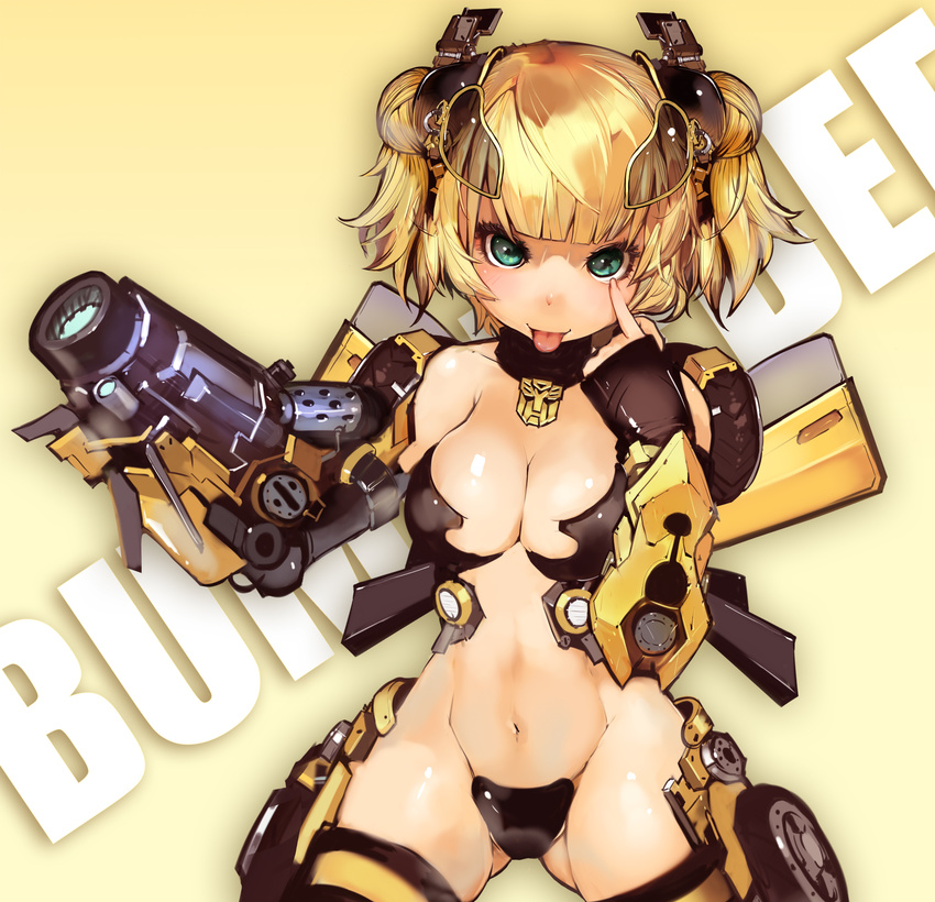 akanbe autobot bebe1999 blonde_hair breasts bumblebee cleavage double_bun green_eyes headgear highres large_breasts mecha_musume navel personification short_hair thighhighs tongue tongue_out transformers weapon