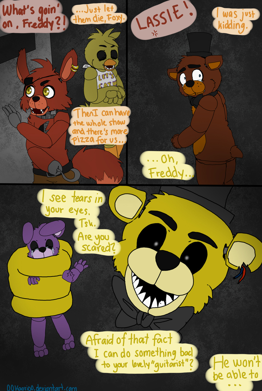 00kaori00 animatronic avian bear bird bonnie_(fnaf) bow_tie canine chica_(fnaf) chicken comic female five_nights_at_freddy's fox foxy_(fnaf) freddy_(fnaf) golden_freddy_(fnaf) hat hook lagomorph machine male mammal mechanical rabbit robot teeth top_hat