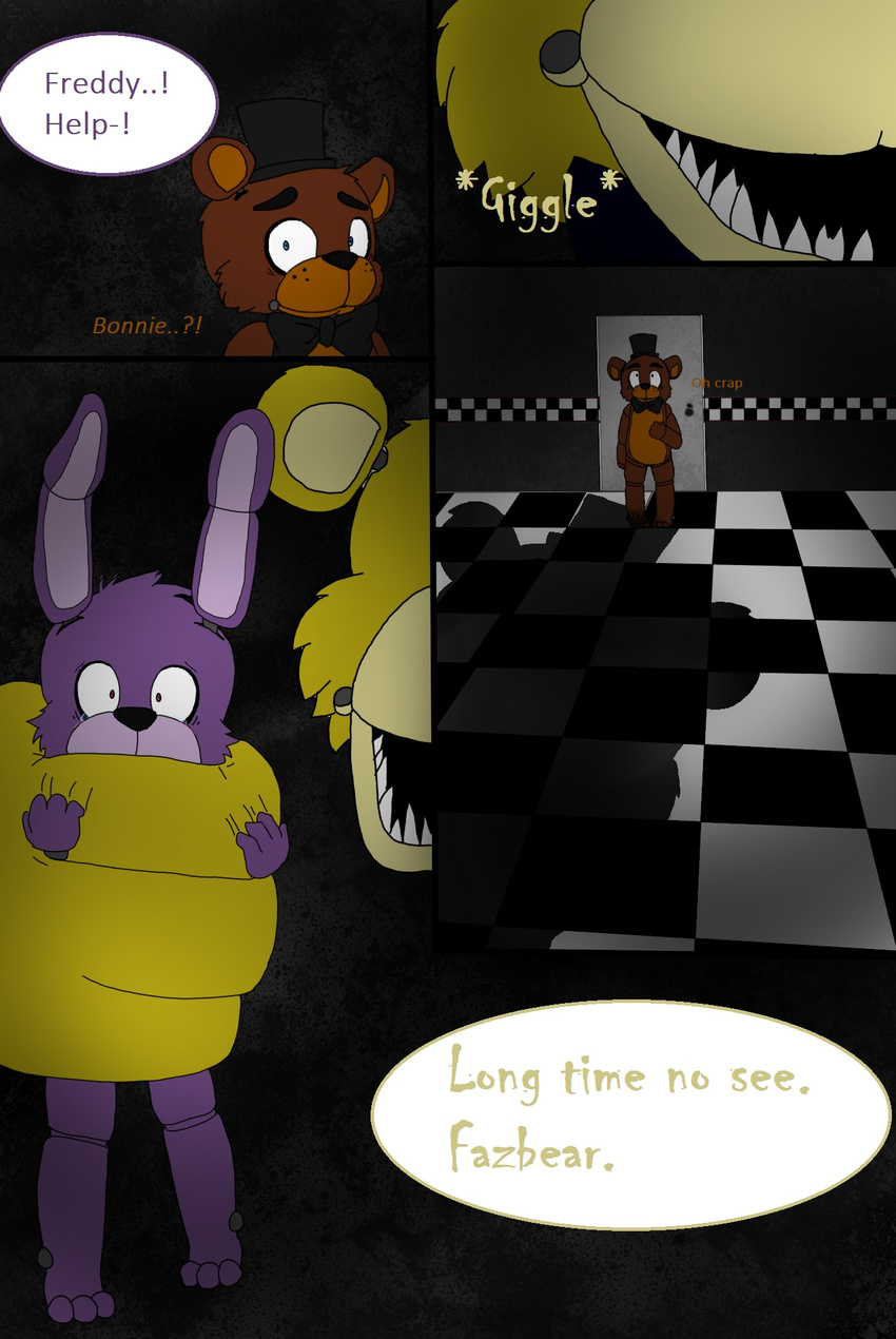 00kaori00 animatronic bear bonnie_(fnaf) bow_tie comic five_nights_at_freddy's freddy_(fnaf) golden_freddy_(fnaf) hat lagomorph machine male mammal mechanical rabbit robot top_hat