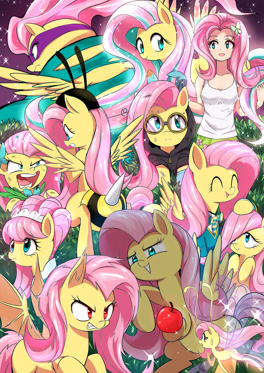 apple aqua_eyes bangs caibao commentary dark_persona fairy fairy_wings fluttershy food fruit highres long_hair multicolored_hair multiple_persona my_little_pony my_little_pony_friendship_is_magic open_mouth personification pink_hair pointy_ears red_eyes sidelocks sparkle sweatdrop swept_bangs tears wings younger