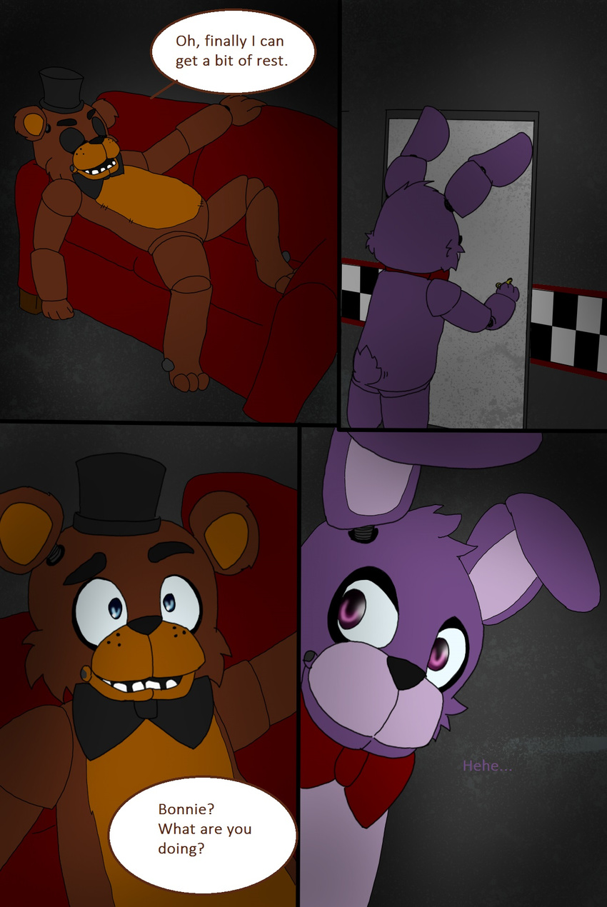 00kaori00 bear bonnie_(fnaf) bow_tie comic five_nights_at_freddy's freddy_(fnaf) hat lagomorph mammal rabbit top_hat