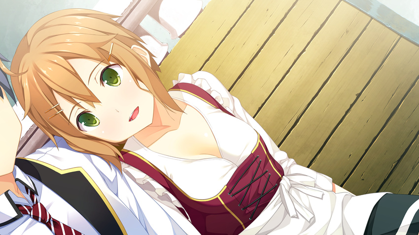 bench blush breasts brown_hair cleavage collarbone dutch_angle game_cg green_eyes hair_ornament hairclip highres kinta looking_away mayachi_(amuriya) necktie open_mouth short_hair sitting small_breasts smile valkyrie_runabout!