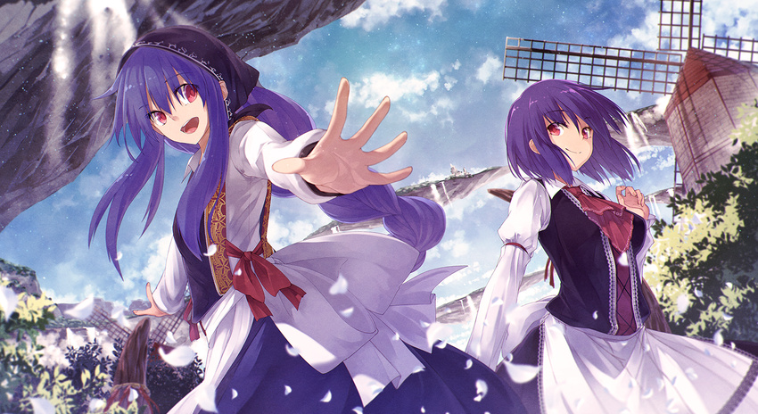 :d alternate_costume alternate_hairstyle blue_hair blush braid dress dutch_clothes european_clothes floating_island flower head_scarf highres hinanawi_tenshi ibuki_notsu long_hair long_sleeves looking_at_viewer multiple_girls nagae_iku open_mouth outstretched_arms petals purple_hair red_eyes short_hair single_braid smile touhou traditional_clothes windmill