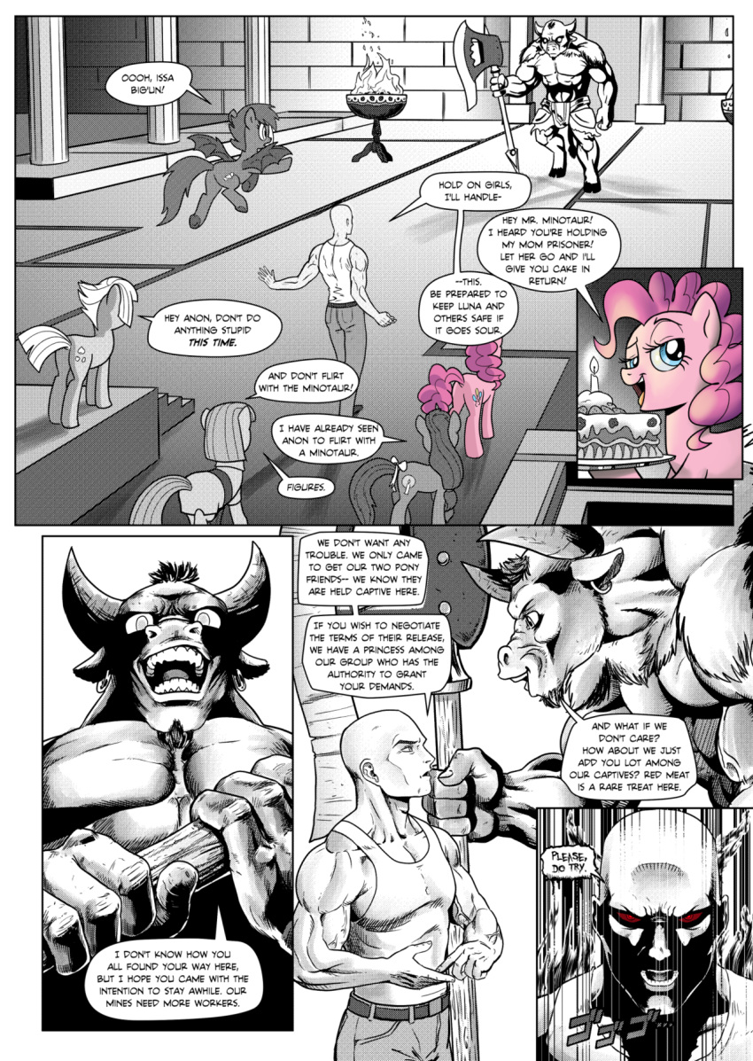 2018 angry anon axe bald black_and_white bovine clothing comic dialogue ear_piercing english_text equine fan_character female friendship_is_magic hair horn horse human jewelry limestone_pie_(mlp) male mammal maud_pie_(mlp) melee_weapon minotaur monochrome muscular muscular_male my_little_pony necklace pencils_(artist) piercing pink_hair pinkie_pie_(mlp) pony speck text unicorn weapon wings
