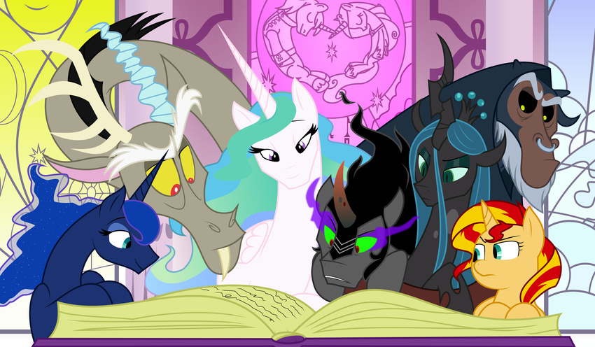 2015 absurd_res book centaur changeling discord_(mlp) draconequus equestria_girls equine female feral friendship_is_magic group hi_res horn horse human king_sombra_(mlp) male mammal mickeymonster my_little_pony princess_celestia_(mlp) princess_luna_(mlp) queen_chrysalis_(mlp) sunset_shimmer_(eg) taur tirek_(mlp) unicorn winged_unicorn wings