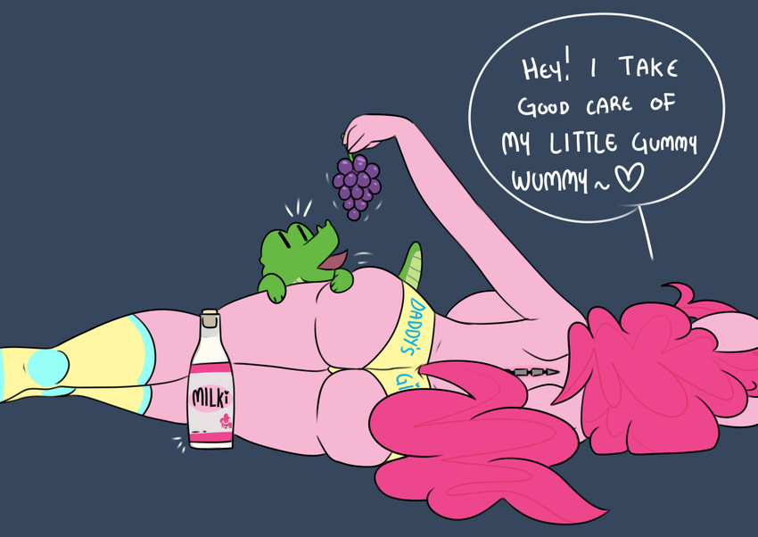 alligator anthro big_breasts big_butt breasts butt clothed clothing earth_pony english_text equine female friendship_is_magic gummy_(mlp) half-dressed horse male mammal my_little_pony pinkie_pie_(mlp) pony reptile scalie somescrub text topless