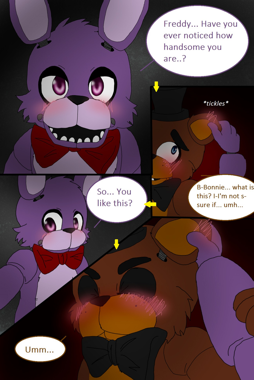 00kaori00 animatronic bear bonnie_(fnaf) bow_tie comic five_nights_at_freddy's freddy_(fnaf) hat lagomorph machine male mammal mechanical rabbit robot top_hat