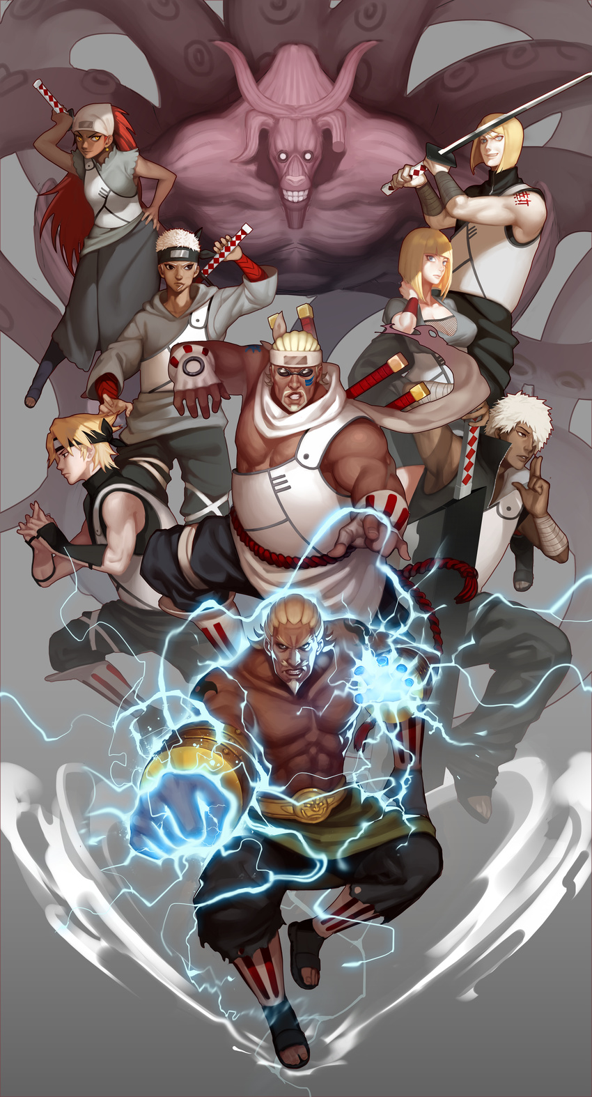 6+boys a_(naruto) a_(yondaime) abs absurdres arm_guard armguard atsui bare_shoulders belt biceps blonde_hair breasts c_(naruto) cleavage dark_skin darui electricity facial_hair fingerless_gloves fishnets forehead_protector gloves goatee gyuuki_(naruto) high_collar highres horns karui killer_bee monster multiple_boys multiple_girls mustache naruto naruto_shippuuden noeunjung93 omoi_(naruto) open_collar red_hair samui scarf shirtless silver_hair sunglasses tattoo tentacle toeless_legwear weapon wrist_wraps