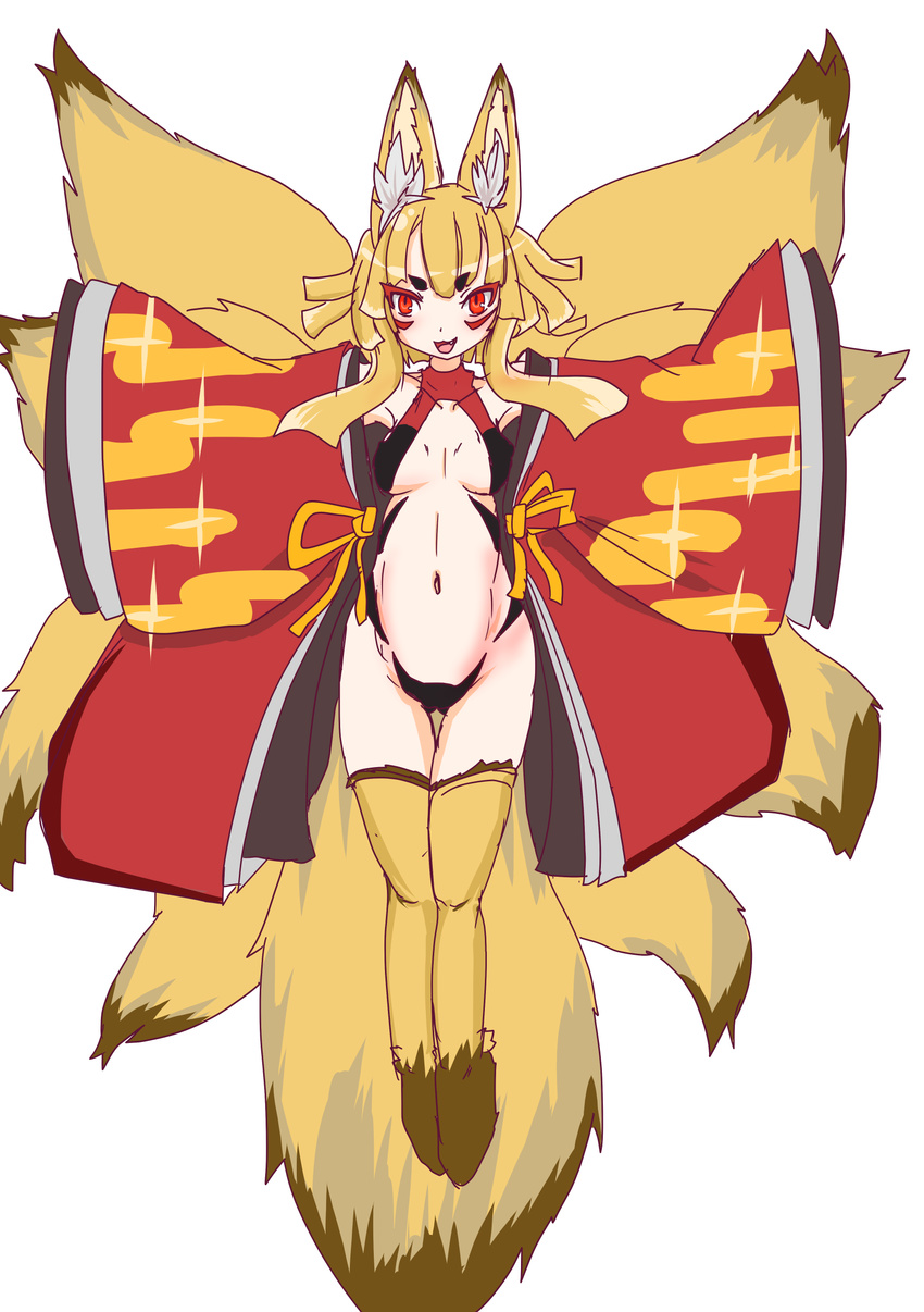 1girl animal_ears blonde_hair disgaea fox_ears fox_tail fuyuhara highres looking_at_viewer makai_senki_disgaea_5 monster_girl navel nine-tailed_fox_(disgaea) open_mouth red_eyes tail