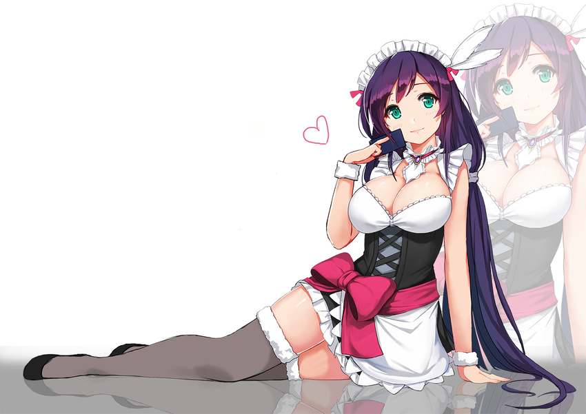 apron blush box breasts cleavage closed_mouth corset deneb_(noble324) green_eyes grey_legwear heart huge_breasts long_hair looking_at_viewer love_live! love_live!_school_idol_project low_twintails lying maid_headdress mogyutto_"love"_de_sekkin_chuu! purple_hair reflective_floor smile solo thighhighs toujou_nozomi twintails very_long_hair waist_apron zoom_layer