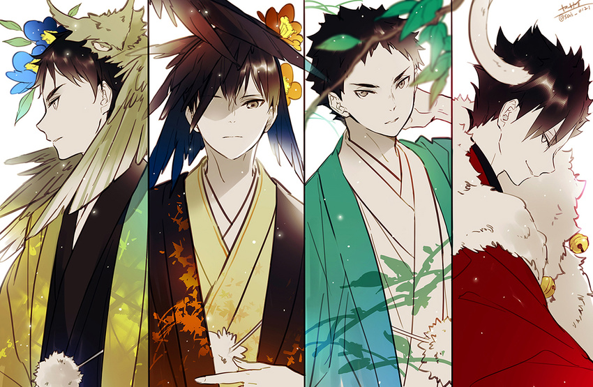 akaashi_keiji arms_behind_head black_hair brown_eyes flower grey_eyes haikyuu!! horns iwaizumi_hajime japanese_clothes kageyama_tobio kimono kuroo_tetsurou looking_at_viewer looking_away multiple_boys one_eye_covered smile yasai_(getsu)