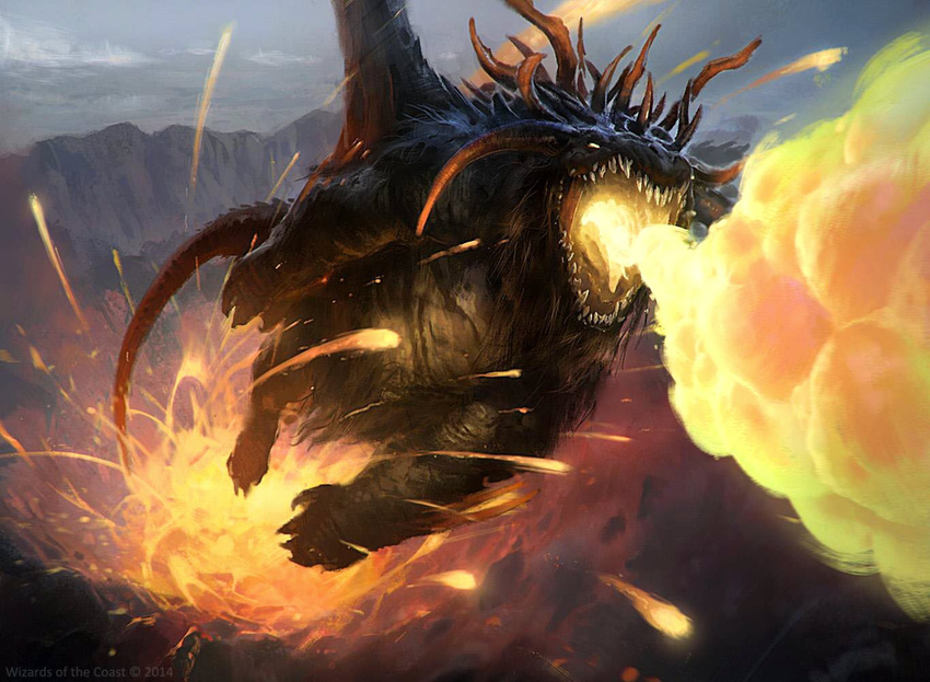 antlers crater dragon eruption feral fire flying front_view horn lava magic_the_gathering official_art open_mouth scalie sharp_teeth slawomir_maniak spitting_fire spread_wings teeth volcano wings