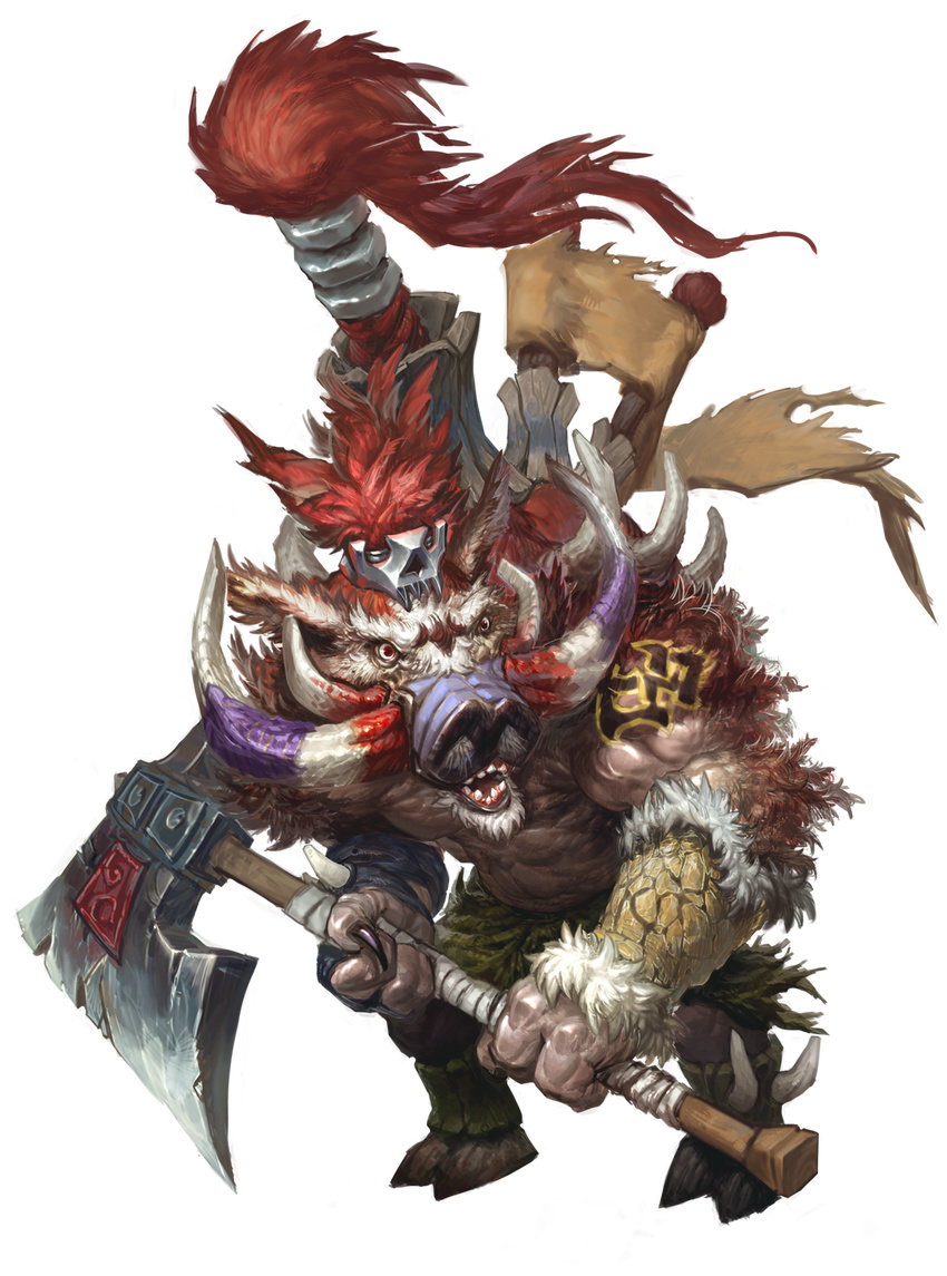 axe battle_axe chaos_online full_body highres muscle no_humans official_art open_mouth red_eyes red_hair solo standing transparent_background tubalkein tusks warthog weapon