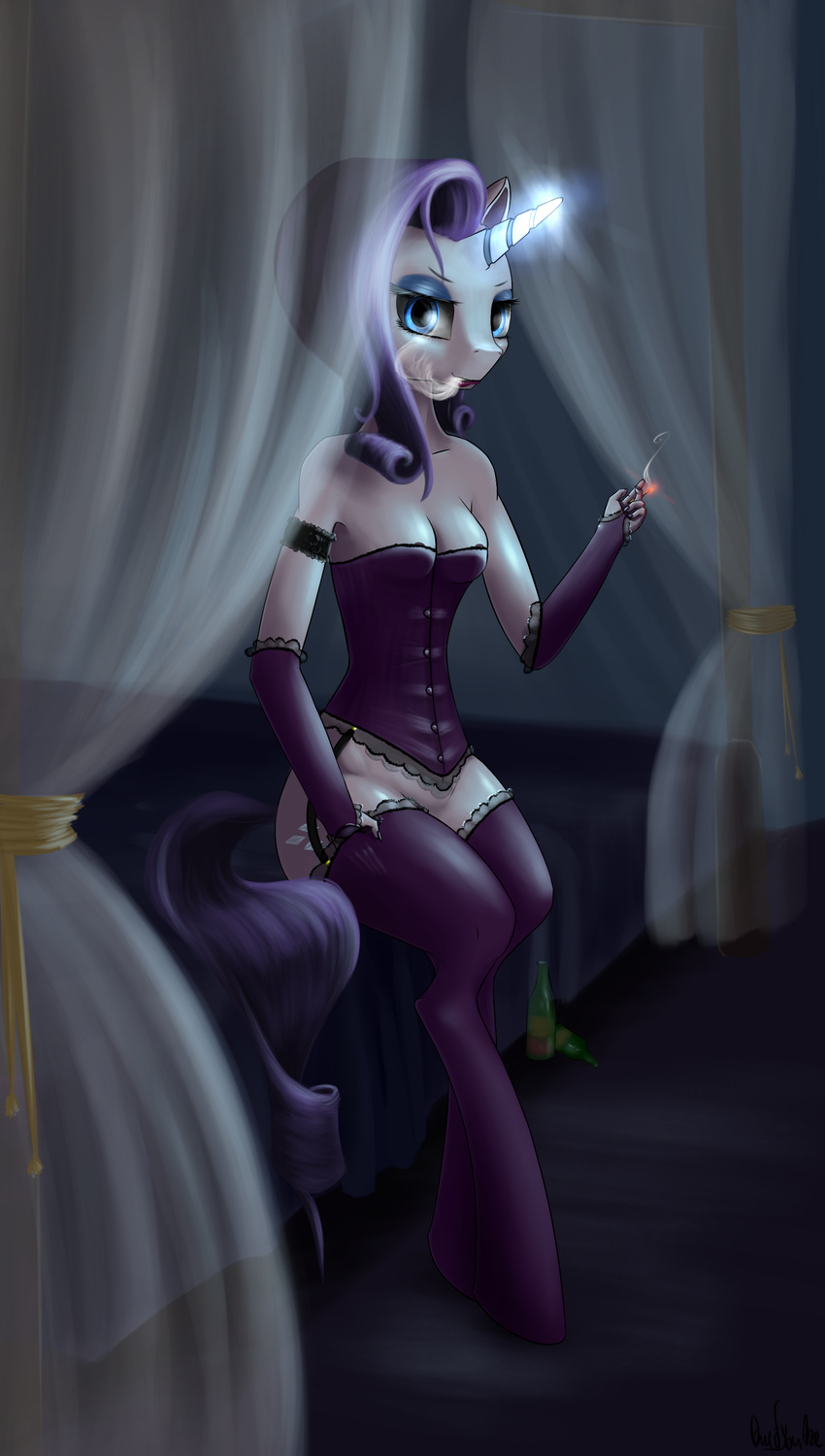 absurd_res anthro blue_eyes bottles bridal_gauntlets cigarette corset cutie_mark dress equine eyeshadow female friendship_is_magic fur hair hi_res horn legwear looking_at_viewer makeup mammal my_little_pony oneofyouare purple_hair rarity_(mlp) smoke smoking solo stockings unicorn white_fur