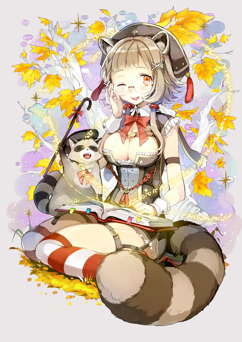 &gt;_&lt; animal_ears blush book breasts brown_hair cleavage closed_eyes cocorip glasses hair_ornament hairclip hat highres large_breasts leaf long_hair looking_at_viewer low_twintails one_eye_closed open_mouth original raccoon raccoon_ears raccoon_tail rimless_eyewear sitting sleeveless smile solo striped striped_legwear tail tassel thighhighs tree twintails wariza wrist_cuffs