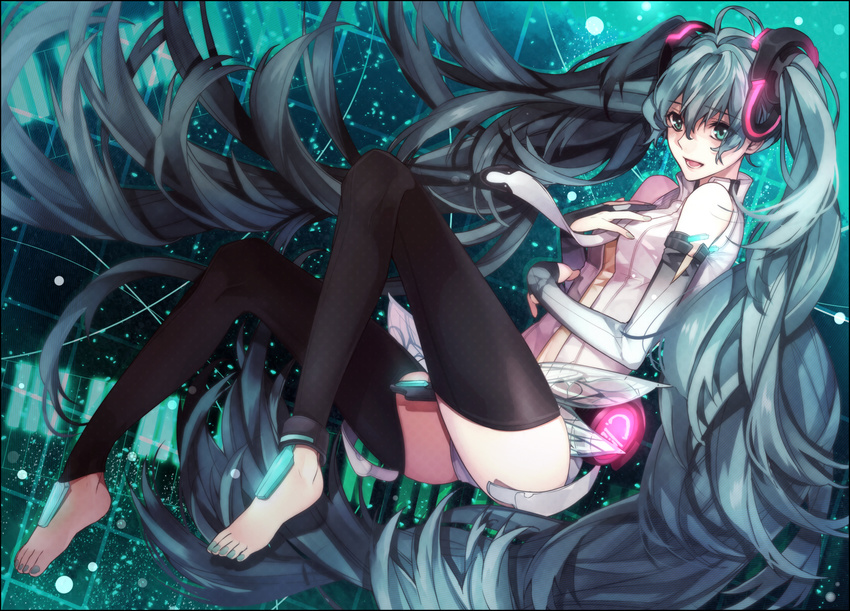ahoge anklet barefoot blue_eyes blue_hair green_nails hand_on_own_chest hatsune_miku hatsune_miku_(append) highres jewelry long_hair nail_polish navel necktie no_bra open_mouth solo toeless_legwear toenail_polish toya_kure twintails vocaloid vocaloid_append