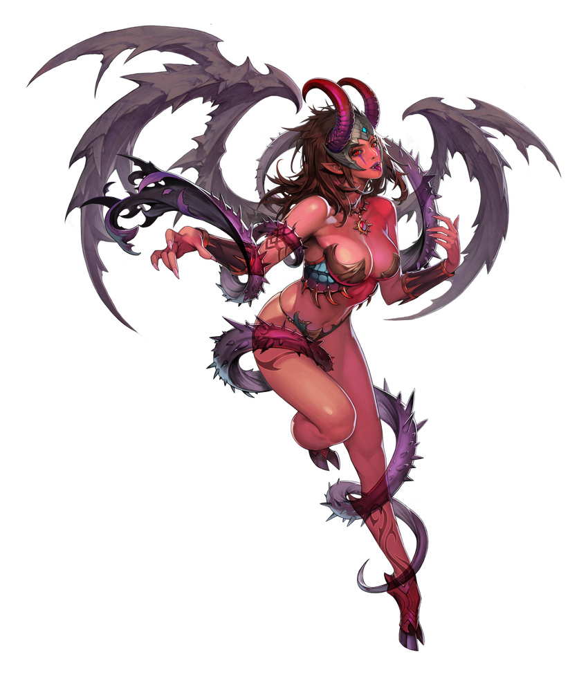 akasha_(chaos_online) artist_request breasts brown_hair chaos_online demon_girl fangs fingernails full_body highres hooves horns large_breasts long_fingernails long_hair official_art purple_lips red_eyes red_skin solo tail tongue tongue_out transparent_background wings