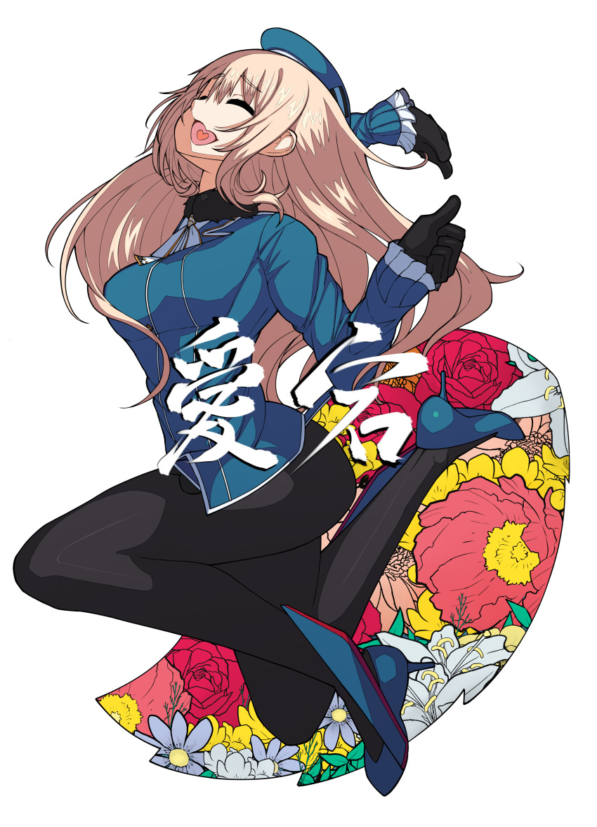 1girl :d absurdres atago_(kantai_collection) bangs beret black_gloves black_legwear blonde_hair blue_hat breasts eyebrows_visible_through_hair eyes_closed flower full_body gloves hat heart heart_in_mouth high_heels highres jumping kantai_collection karasuma_kuraha large_breasts long_hair long_sleeves military military_uniform open_mouth pan-pa-ka-paaan! pantyhose simple_background smile solo thumbs_up translation_request uniform white_background