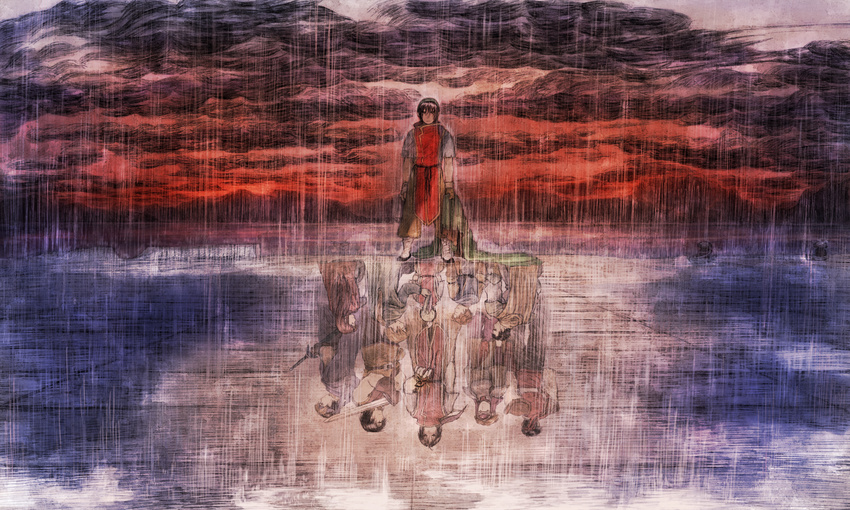 bandana black_hair blonde_hair brown_hair cleo_(suikoden) different_reflection flik gensou_suikoden gensou_suikoden_i gremio headband highres lonely long_hair maekakekamen male_focus odessa_silverberg pahn rain reflection solo sword ted_(suikoden) teo_mcdohl tir_mcdohl viktor weapon