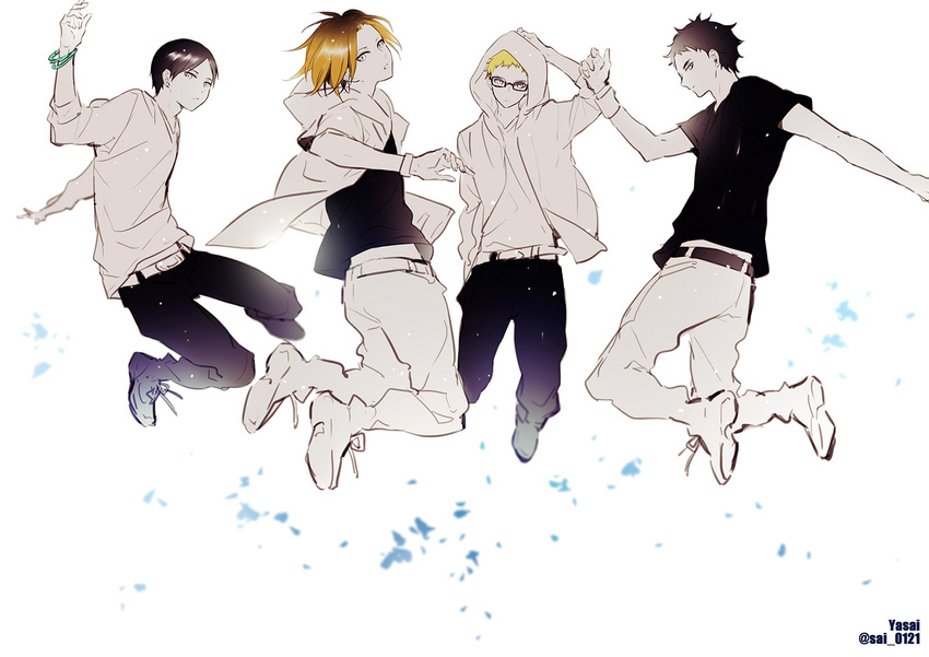 akaashi_keiji black_hair blonde_hair bracelet full_body glasses grey_eyes haikyuu!! hood hood_down hoodie jewelry kozume_kenma kunimi_akira multiple_boys pants short_hair tsukishima_kei yasai_(getsu) yellow_eyes