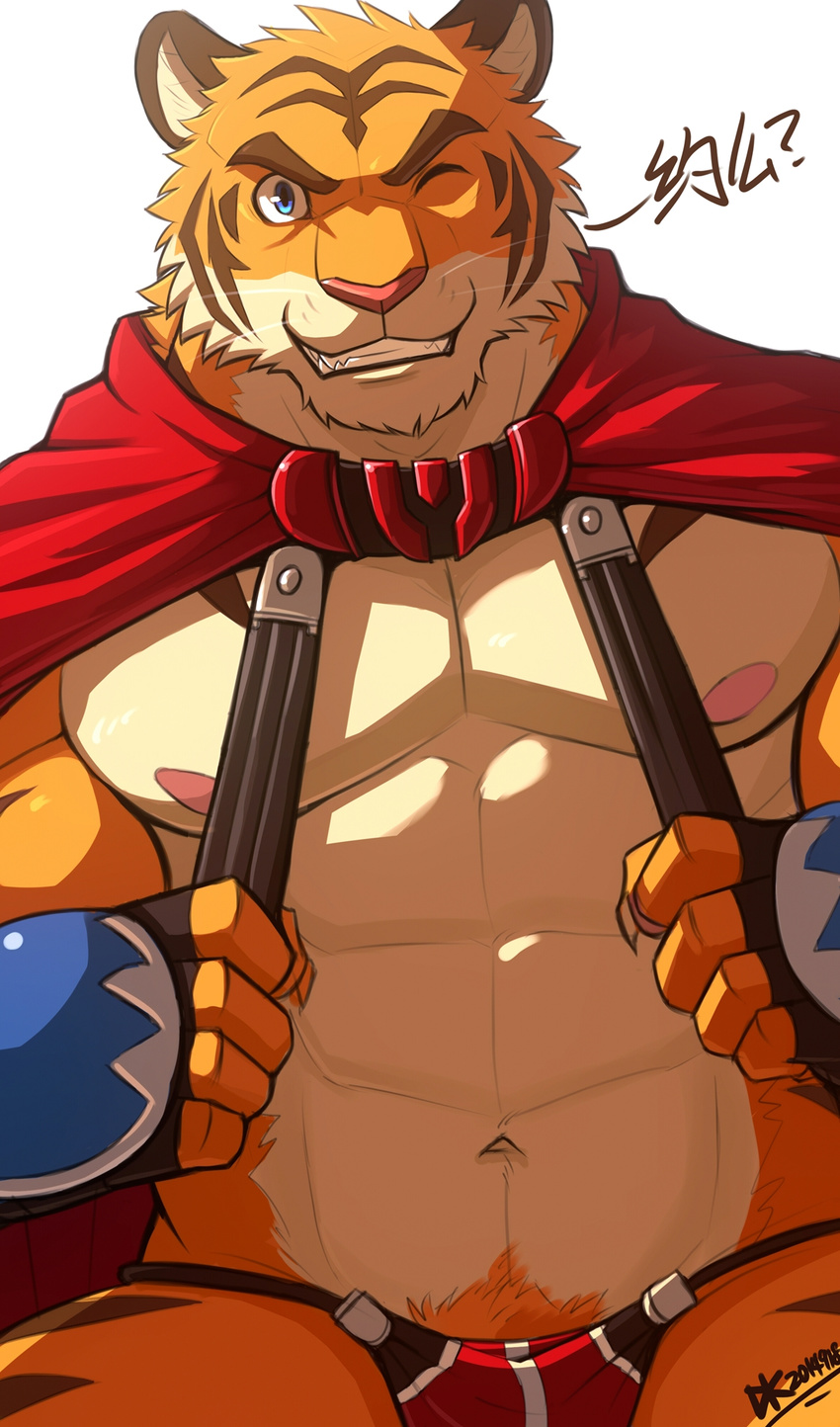 2014 abs anthro biceps big_muscles blue_eyes brown_fur build_tiger cape chinese_text claws clothed clothing drks fangs feline fur grin half-dressed hi_res male mammal markings muscles navel nipples one_eye_closed orange_fur pecs pink_nose plain_background pose pubes shaded smile solo standing stripes teeth text tiger toned topless underwear white_background white_fur wink