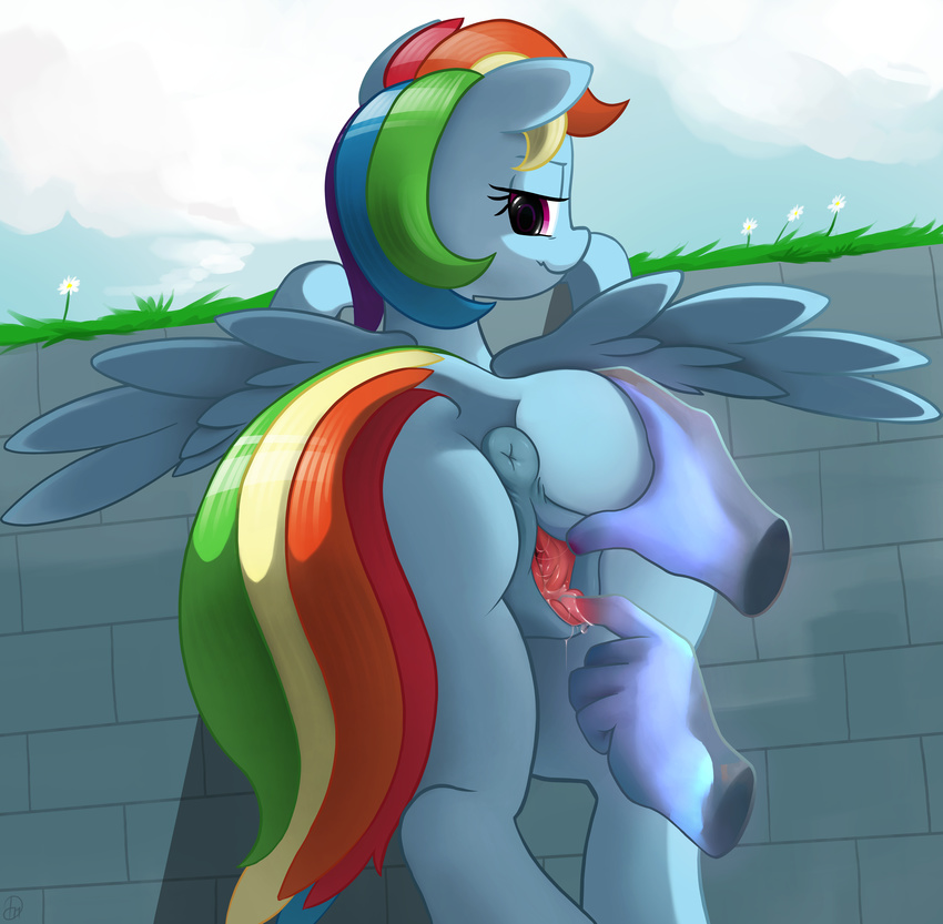 2015 absurd_res anus butt butt_grab dimfann dimmulticolored_hair disembodied_hand equine female feral friendship_is_magic hair half-closed_eyes hand_on_butt hi_res looking_back mammal multicolored_hair my_little_pony outside pegasus purple_eyes pussy pussy_juice rainbow_dash_(mlp) rainbow_hair rear_view smile wings