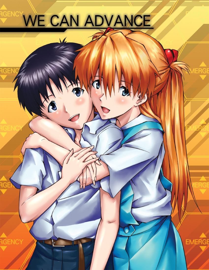 1girl :d abusive_boy black_eyes black_hair blue_eyes blue_pants blue_skirt brown_hair couple dress_shirt eyebrows_visible_through_hair hair_between_eyes hair_ornament head_tilt highres hug hug_from_behind ikari_shinji long_hair looking_at_viewer makka_na_kedamono neon_genesis_evangelion open_mouth out_of_character pants shiny shiny_hair shirt short_sleeves skirt smile soryu_asuka_langley soyboy suspender_skirt suspenders toxic_relationship twintails violent_relationship white_shirt