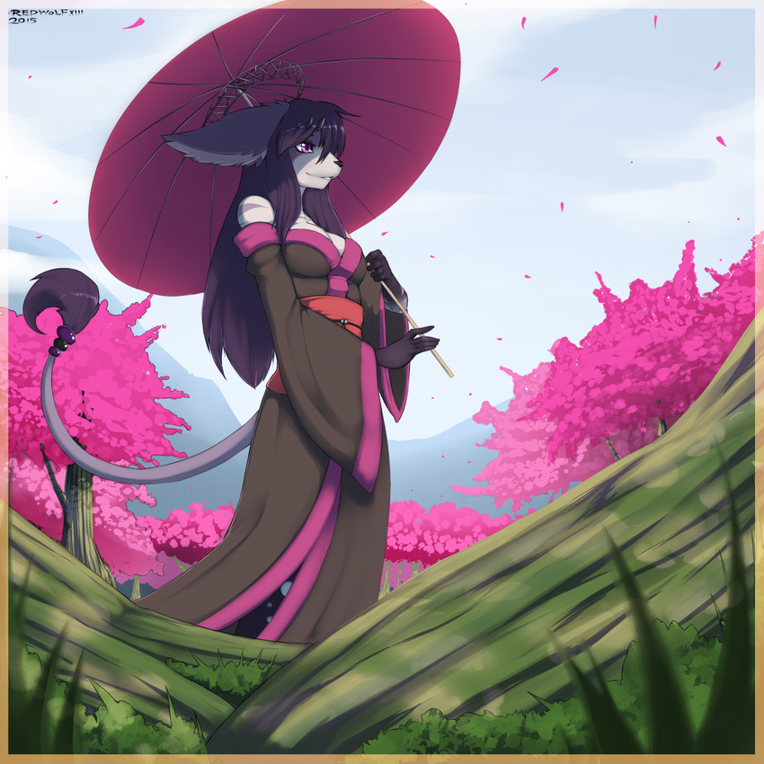 2015 anthro chinese clothed clothing female fur grass hair nature outside redwolfxiii smile solo tree umbrella