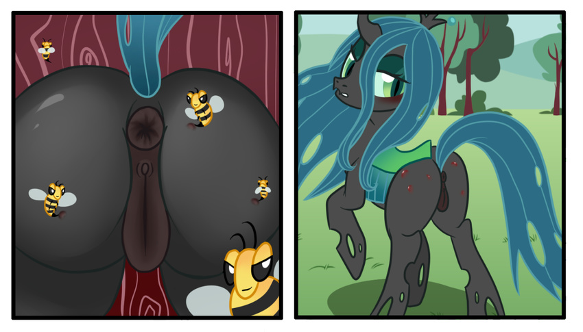 2015 anus arthropod bee bee_sting butt changeling equine female feral flowerofthesea friendship_is_magic green_eyes hair horn horse insect long_hair mammal my_little_pony pussy queen_chrysalis_(mlp) solo wings