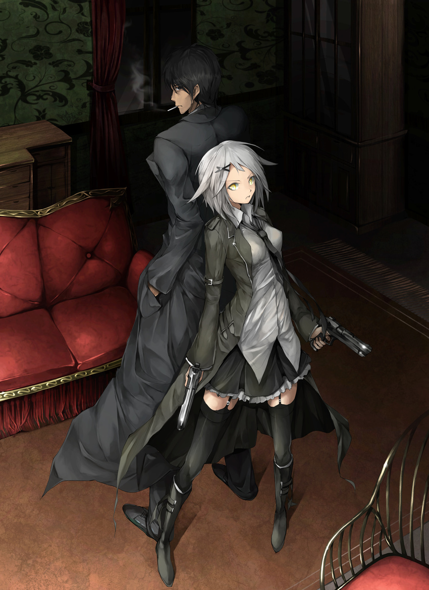 1girl absurdres arm_belt arms_at_sides back-to-back bad_id bad_pixiv_id bags_under_eyes between_breasts black_coat black_eyes black_footwear black_hair black_legwear black_neckwear black_pants black_skirt breasts carpet chest_of_drawers cigarette coat collared_shirt couch cupboard curtains door dress_shirt dual_wielding eyebrows_visible_through_hair finger_on_trigger floor fringe_trim from_above full_body garter_straps grey_hair gun hair_flaps hair_ornament hairclip hand_in_pocket handgun height_difference highres holding holding_gun holding_weapon indoors legs_apart long_sleeves looking_at_viewer medium_breasts miniskirt mouth_hold necktie necktie_between_breasts open_clothes open_coat original pants parted_lips petticoat profile revision shirt short_hair sideways_glance skirt smoke smoking solru standing thighhighs untucked_shirt wallpaper_(object) weapon white_hair white_shirt x_hair_ornament yellow_eyes