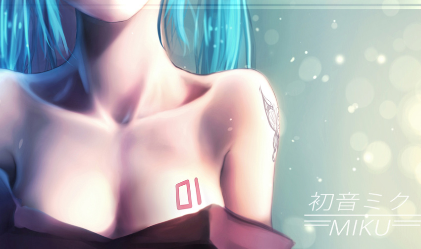 bai_yemeng bare_shoulders blue_hair body_writing breasts butterfly_tattoo character_name cleavage collarbone hatsune_miku head_out_of_frame off_shoulder revision small_breasts solo tattoo upper_body vocaloid