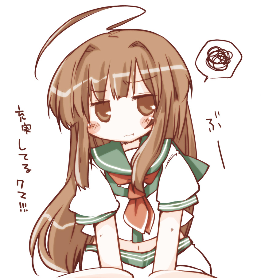 ahoge anger_vein brown_eyes brown_hair closed_mouth commentary_request futami_yayoi highres kantai_collection kuma_(kantai_collection) long_hair midriff navel sailor_collar school_uniform serafuku short_sleeves simple_background solo spoken_squiggle squiggle translation_request white_background