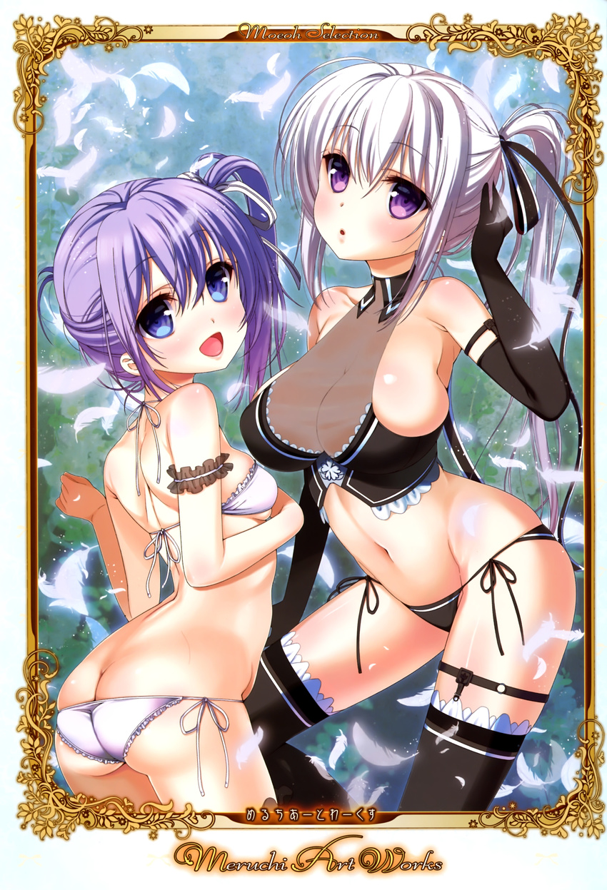 absurdres ass bikini black_bikini black_gloves black_legwear black_panties blue_eyes blush breasts cleavage elbow_gloves feathers frame gloves hair_ribbon highres huge_filesize large_breasts long_hair multiple_girls nanase_meruchi navel open_mouth original panties purple_eyes purple_hair ribbon scan side-tie_bikini side-tie_panties side_ponytail smile swimsuit thigh_strap thighhighs underwear white_hair