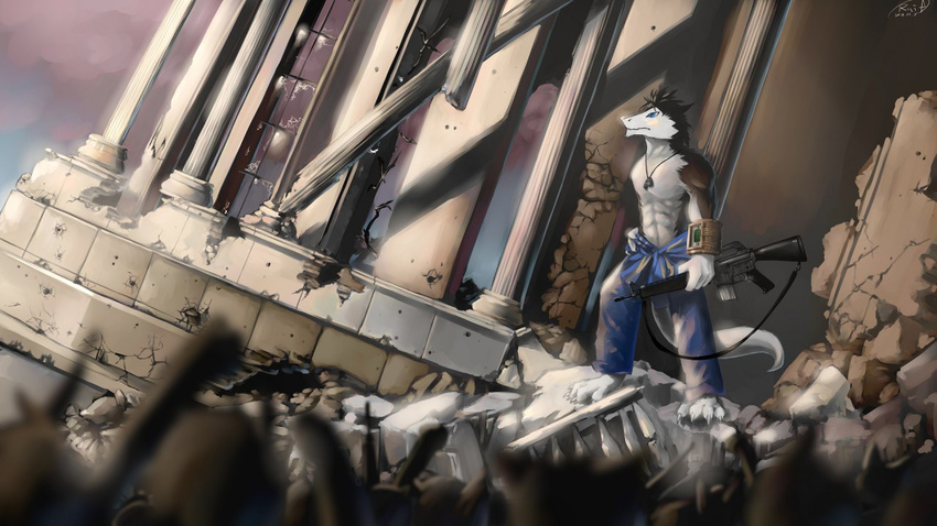 abs biceps big_muscles black_fur blue_eyes claws clothed clothing discordnight dog_tags fallout fur grey_fur grey_hair hair half-dressed male muscles sergal