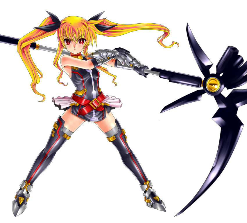 1girl bardiche belt black_bow black_dress black_legwear blonde_hair bow breasts dress eyebrows_visible_through_hair fate_testarossa floating_hair full_body gao_(naodayo) gauntlets hair_between_eyes hair_bow highres holding holding_scythe long_hair looking_at_viewer lyrical_nanoha mahou_shoujo_lyrical_nanoha red_eyes scythe short_dress simple_background sleeveless sleeveless_dress small_breasts solo standing thighhighs twintails v-shaped_eyebrows very_long_hair white_background