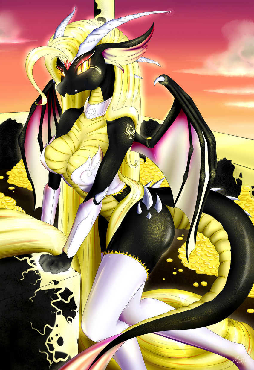 2015 anthro armor blonde_hair blumagpie breasts cleavage clothed clothing cloud coin dragon fangs female gold gold_coin hair horn legwear long_hair looking_at_viewer membranous_wings necklace sky slit_pupils solo stockings unconvincing_armor wings yellow_eyes