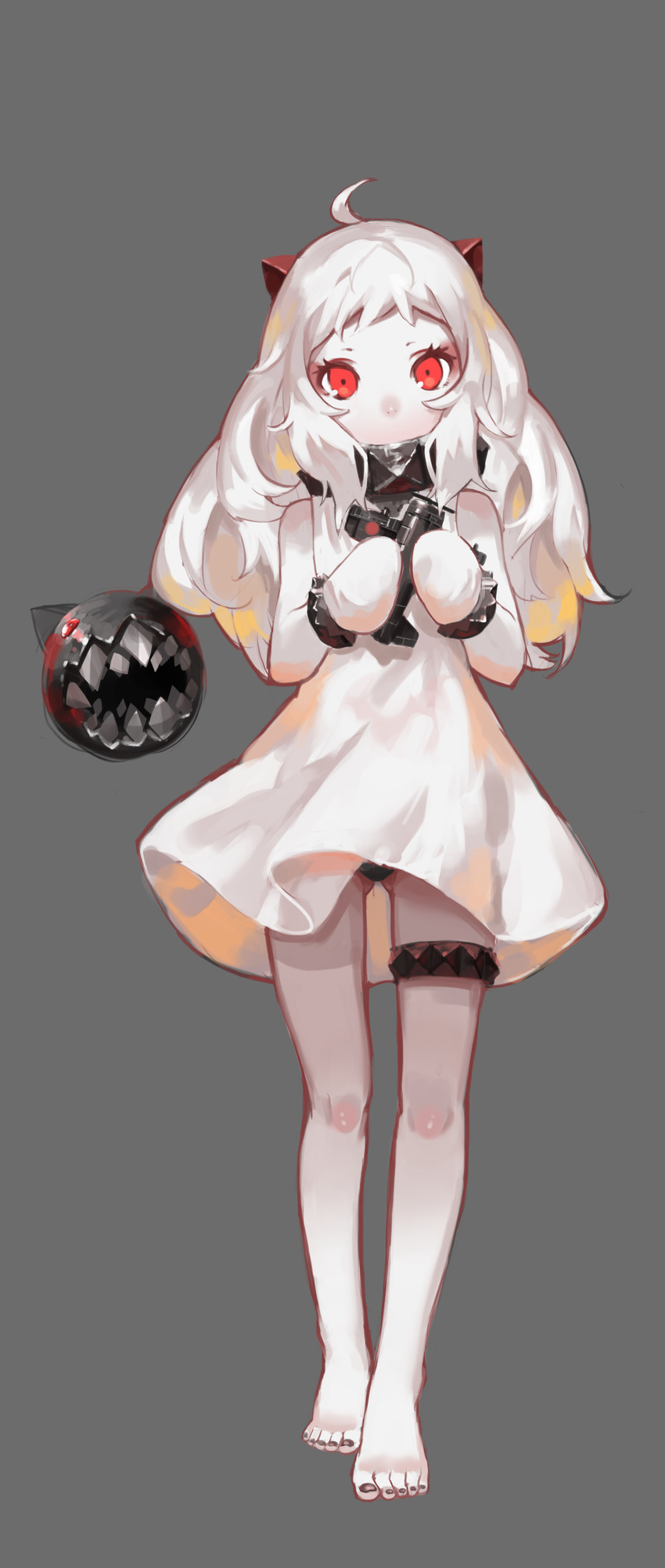 absurdres ahoge aircraft airplane bad_id bad_pixiv_id bare_legs barefoot black_panties covered_mouth dress full_body grey_background highres holding horns kantai_collection long_hair looking_at_viewer mittens mixke northern_ocean_hime panties pantyshot pantyshot_(standing) red_eyes shinkaisei-kan simple_background sketch solo standing toenail_polish underwear white_dress white_hair white_skin
