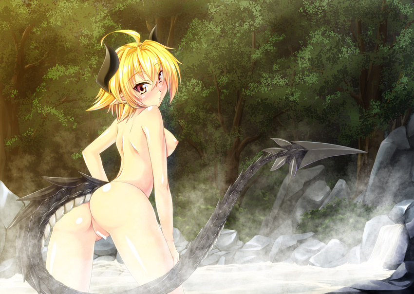 ahoge ass back blush breasts censored dragon_girl dragon_horns dragon_tail from_behind gekato highres horns looking_back medium_breasts nature nipples nude onsen original partially_submerged pussy short_hair tail water yellow_eyes