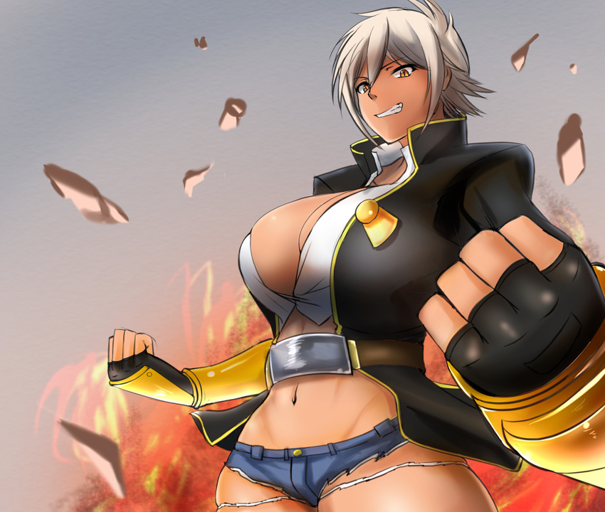 blazblue:_chronophantasma bol_(liliymimi) breasts bullet_(blazblue) grin large_breasts smile white_hair yellow_eyes