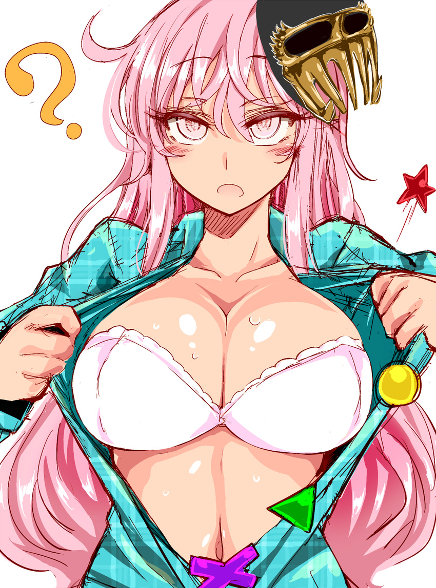 ? blush breasts cleavage hata_no_kokoro highres hokuto_no_ken jagi large_breasts long_hair looking_at_viewer mask navel open_clothes open_mouth open_shirt pink_eyes pink_hair plaid plaid_shirt popped_button roki_(hirokix) say_my_name shirt simple_background sketch solo touhou tsurime upper_body very_long_hair white_background